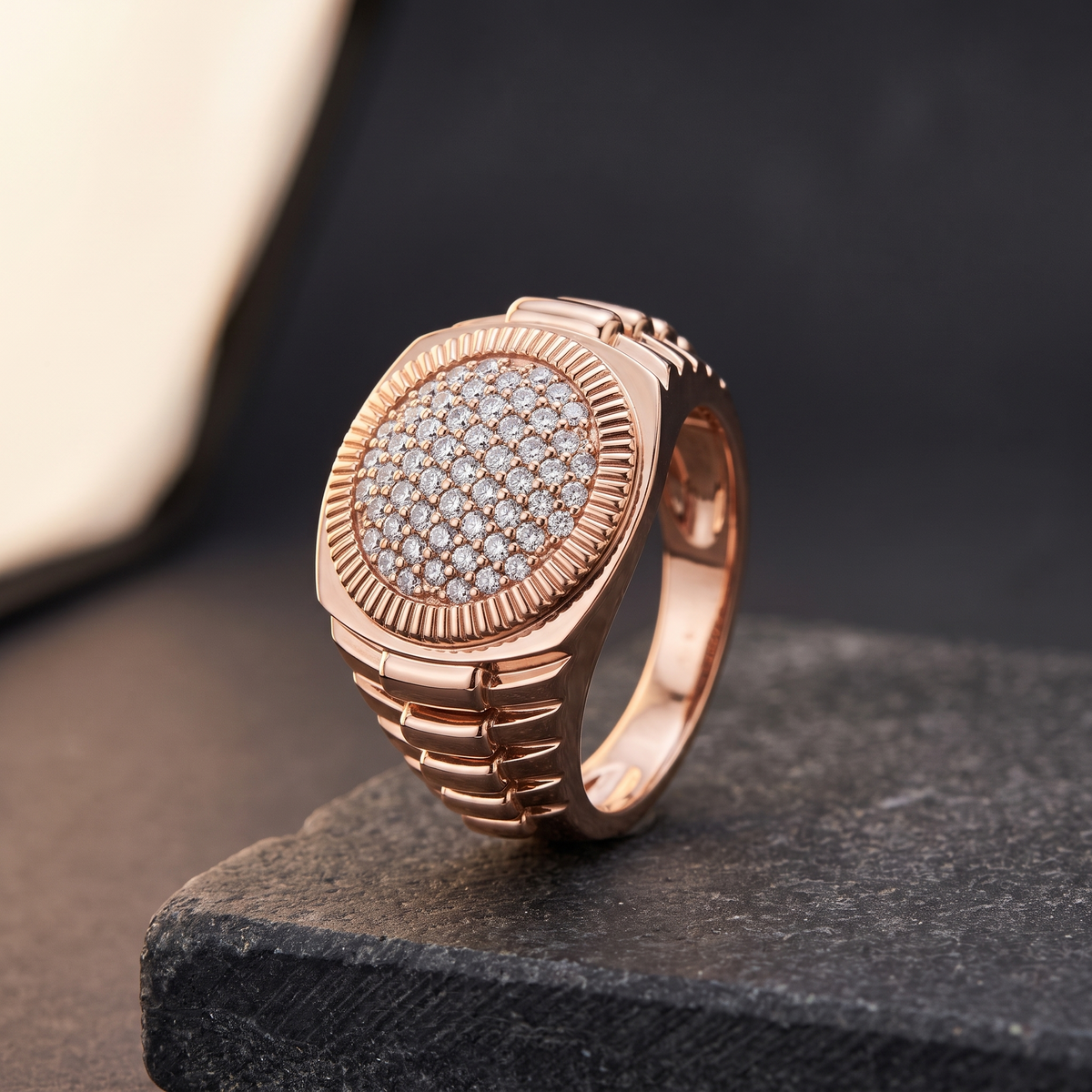 Fluted bezel diamond cluster ring in rose gold — design visualization