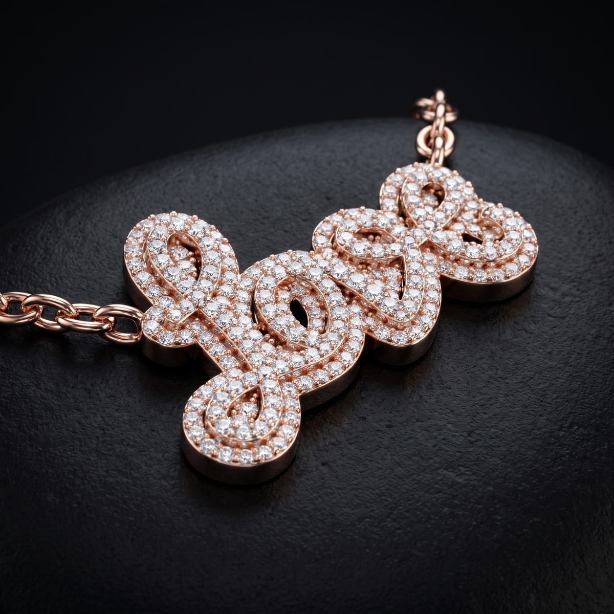 LOVE script diamond pendant in rose gold — design visualization