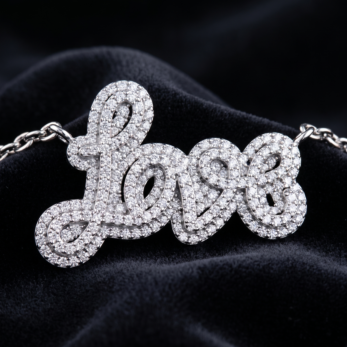 LOVE script diamond pendant in white gold — design visualization