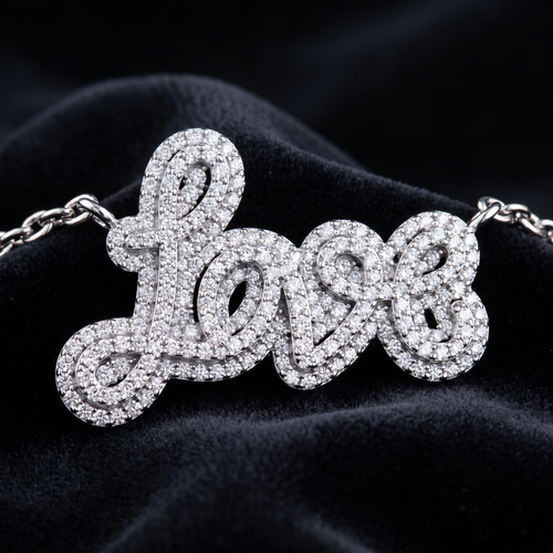 LOVE script diamond pendant in white gold — design visualization