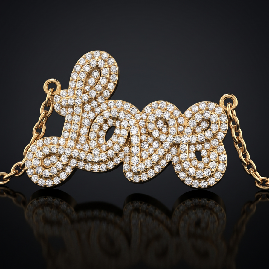 LOVE script diamond pendant in yellow gold — design visualization