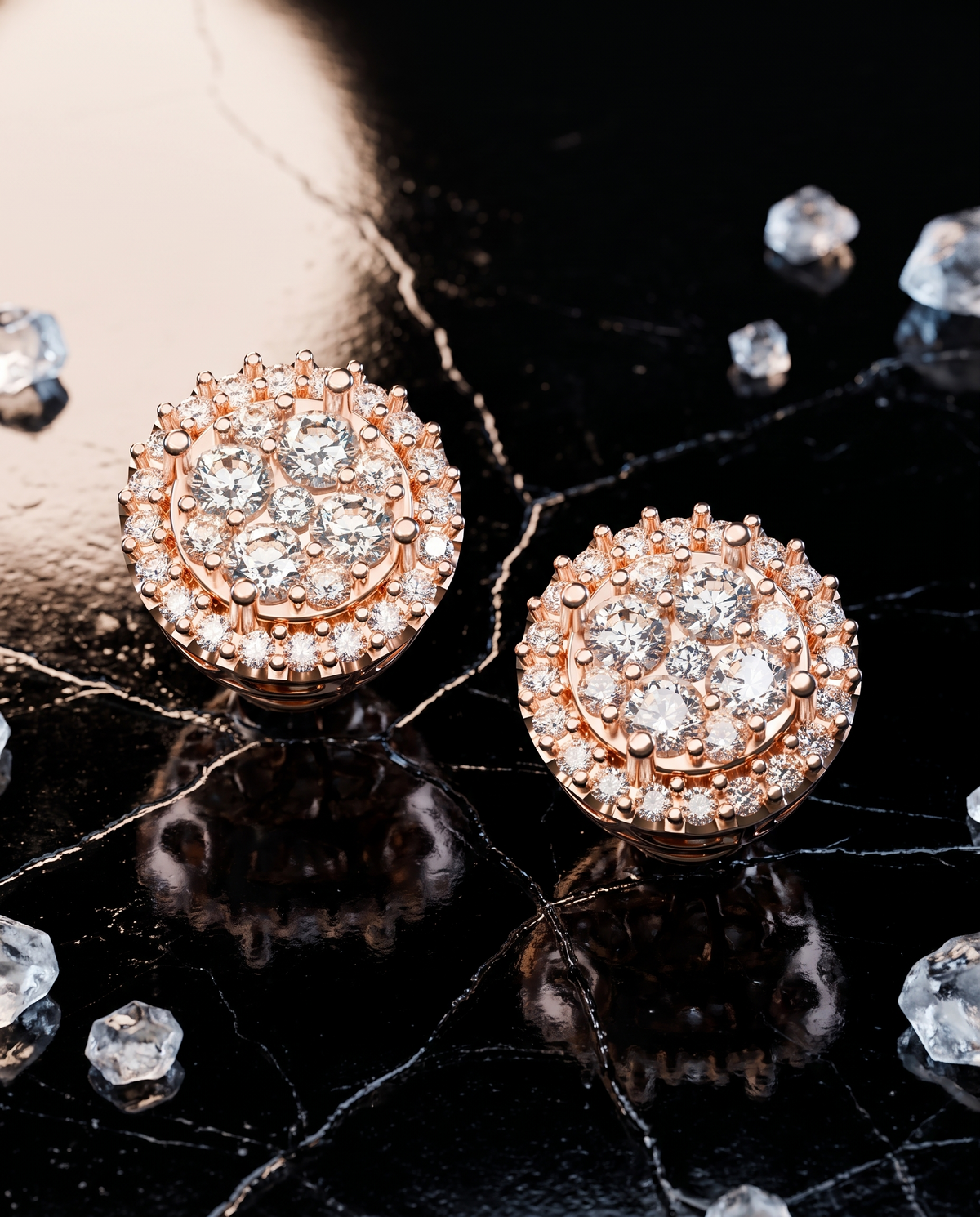 Crown Studs diamond earrings in rose gold on black ice — design visualization