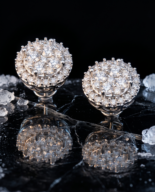 Crown Studs diamond earrings in white gold on black ice — design visualization