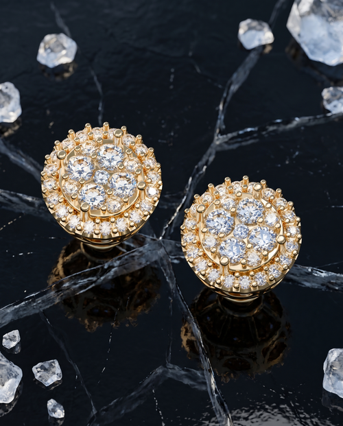 Crown Studs diamond earrings in yellow gold on black ice — design visualization
